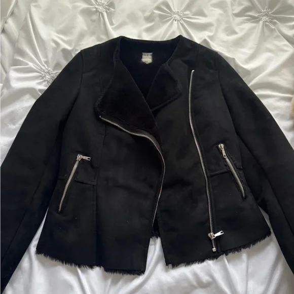 Zara Black Fur Jacket with Asymmetric Zipper - Picture 1 of 6